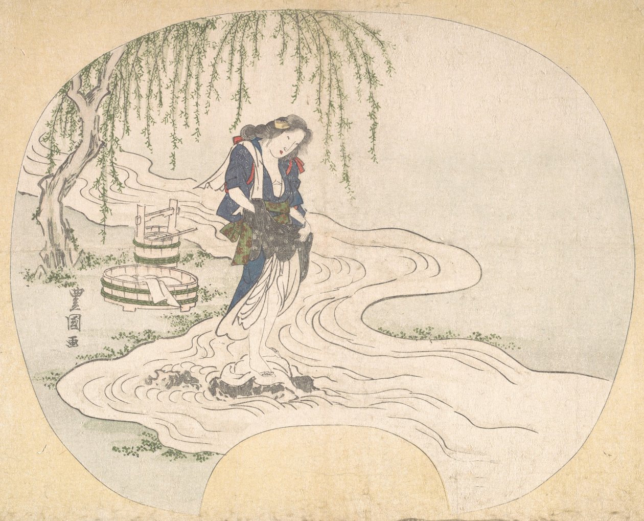 Nainen seisoo kalliolla virrassa pesemässä vaatteita, n. 1828. tekijältä Utagawa Toyokuni II
