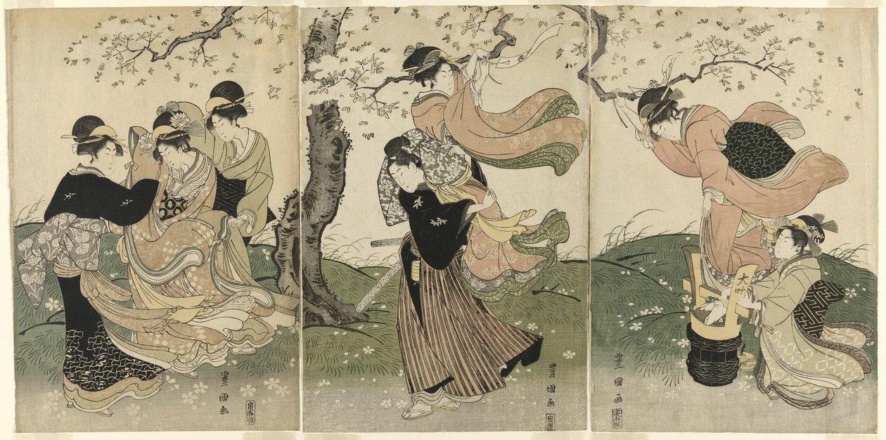 Tuulinen päivä kirsikkapuiden alla tekijältä Utagawa Toyokuni I