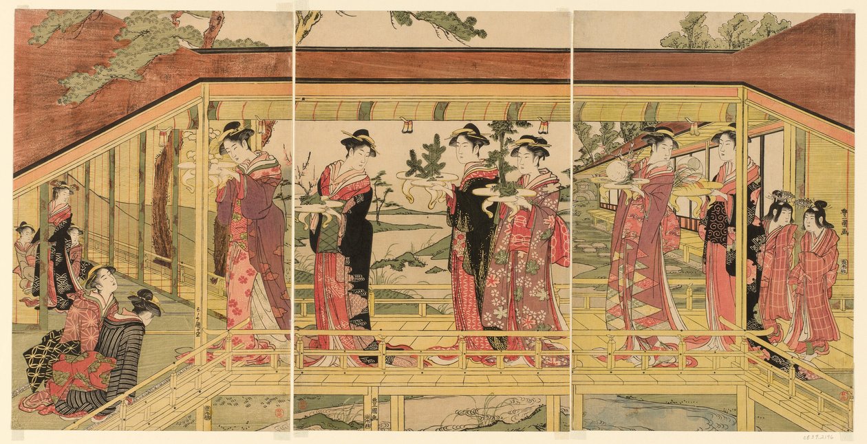 Naisten kulkue shimadai-koristeita pitelemässä tekijältä Utagawa Toyokuni I