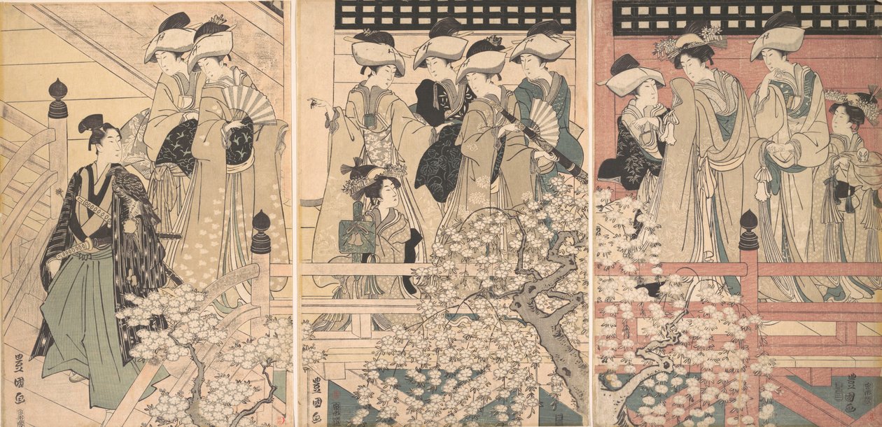 Kauneutta verannalla kirsikankukkien keskellä, josta samurai on lähdössä, n. 1800. tekijältä Utagawa Toyokuni I