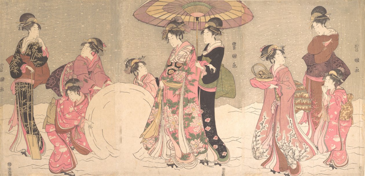 Kurtisaanit ja palvelijat tekevät jättiläislumipalloa, n. 1796. tekijältä Utagawa Toyokuni I