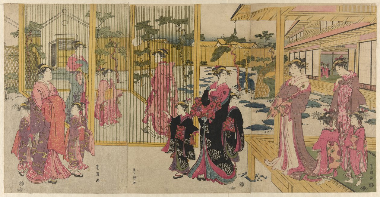 Chojiyan kurtisaanit ja heidän avustajansa soittamassa kemaria tekijältä Utagawa Toyokuni I