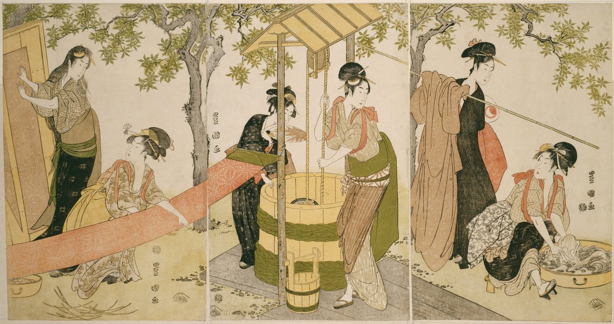 Pyykinpesu kaivon reunalla (Idobata no sentaku to araihari) tekijältä Utagawa Toyokuni I