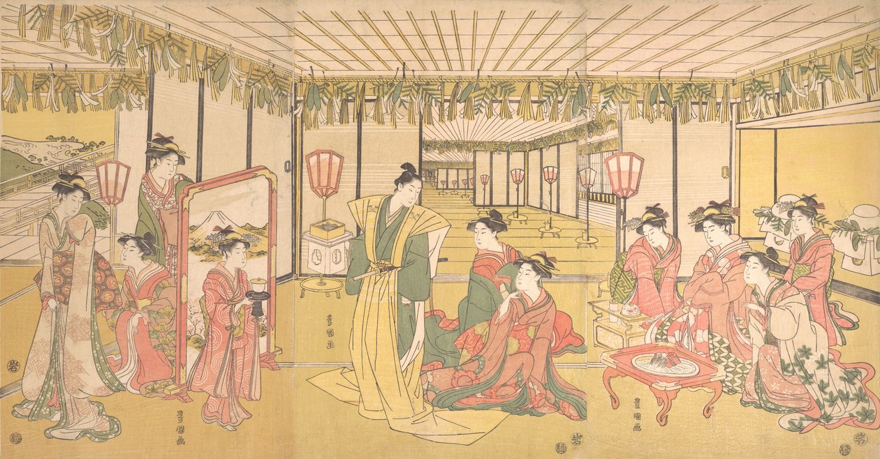 Uudenvuodenjuhla suuressa kartanossa, n. 1791. tekijältä Utagawa Toyokuni I