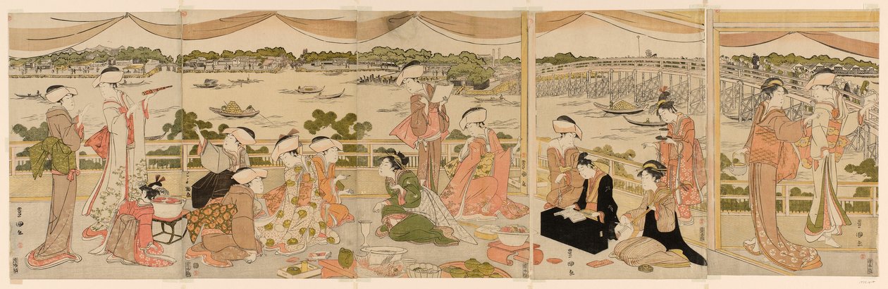 Konsertti verannalla, josta on näkymät Sumida-joelle tekijältä Utagawa Toyokuni I