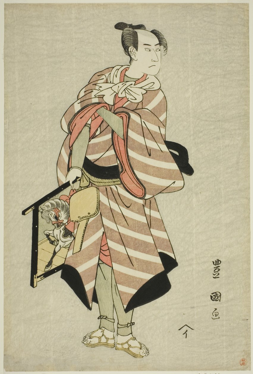 Näyttelijä Sawamura Sojuro III paimenhevosmies Muchizon roolissa näytelmässä "Miyamairi Musubi no Kamigaki", joka esitettiin Kiri-teatterissa 11. kuussa 1797. tekijältä Utagawa Toyokuni I
