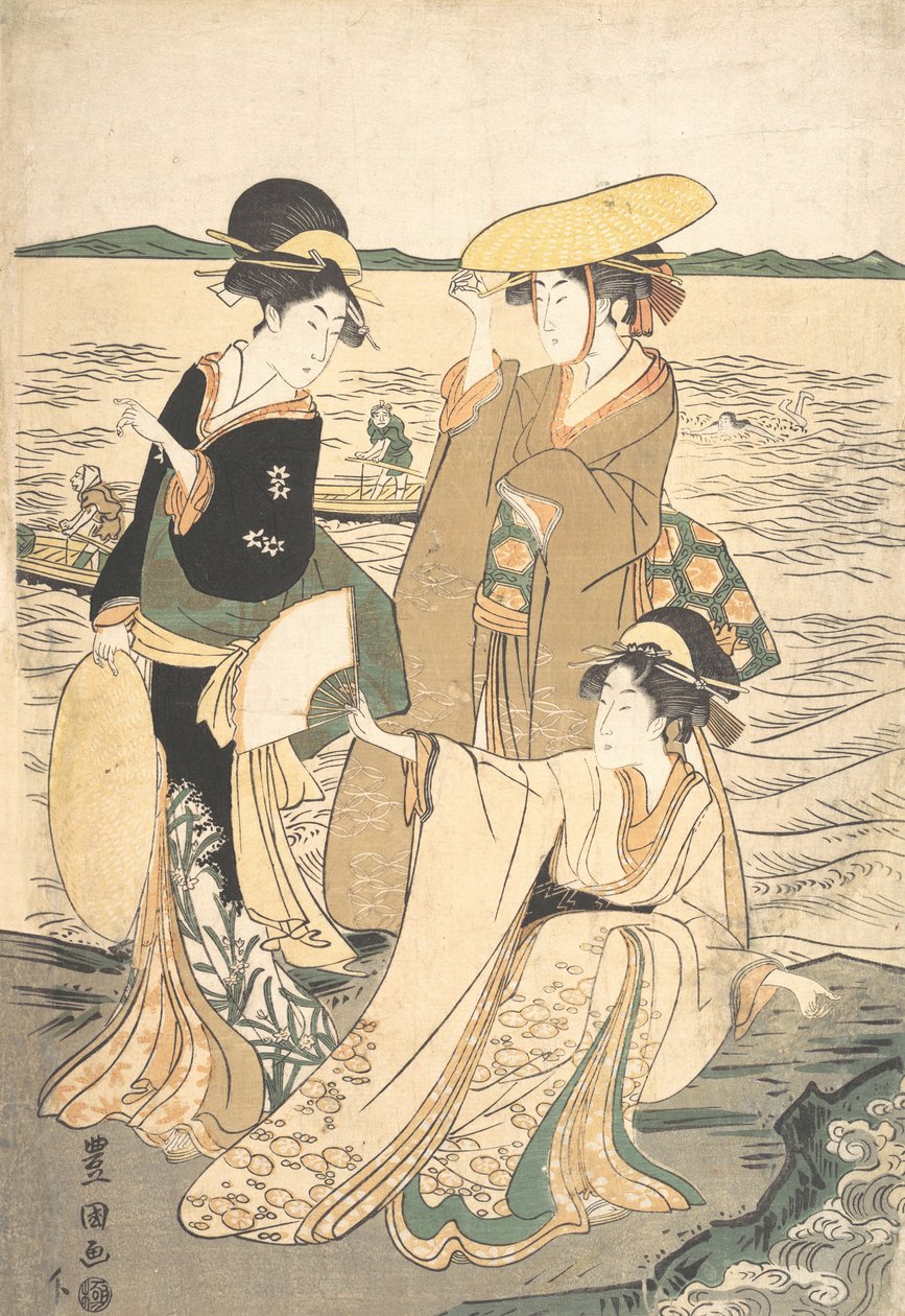 Kolme nuorta naista meren rannalla. tekijältä Utagawa Toyokuni I