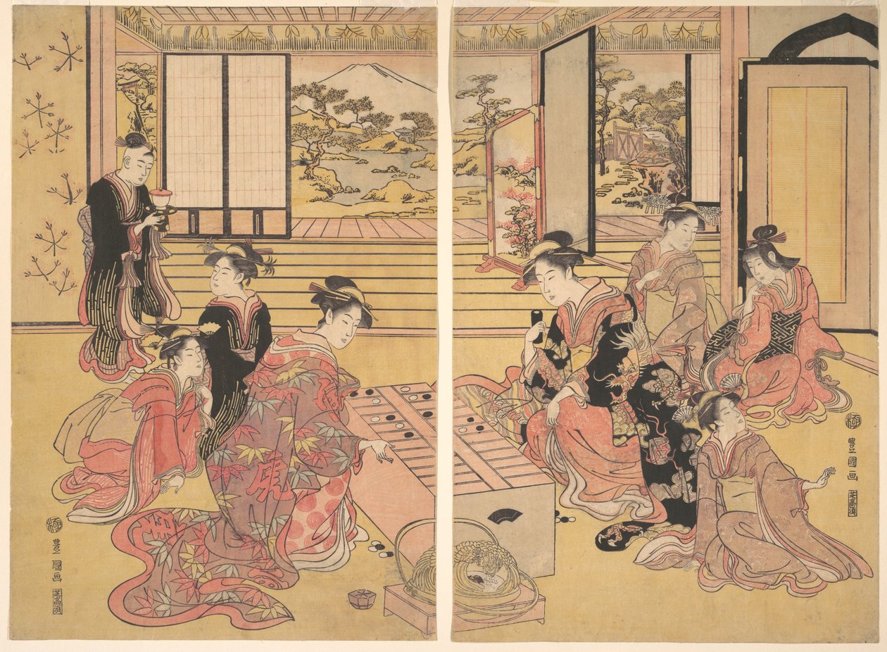 Kaksi nuorta naista pelaamassa Sugoroku-peliä. tekijältä Utagawa Toyokuni I