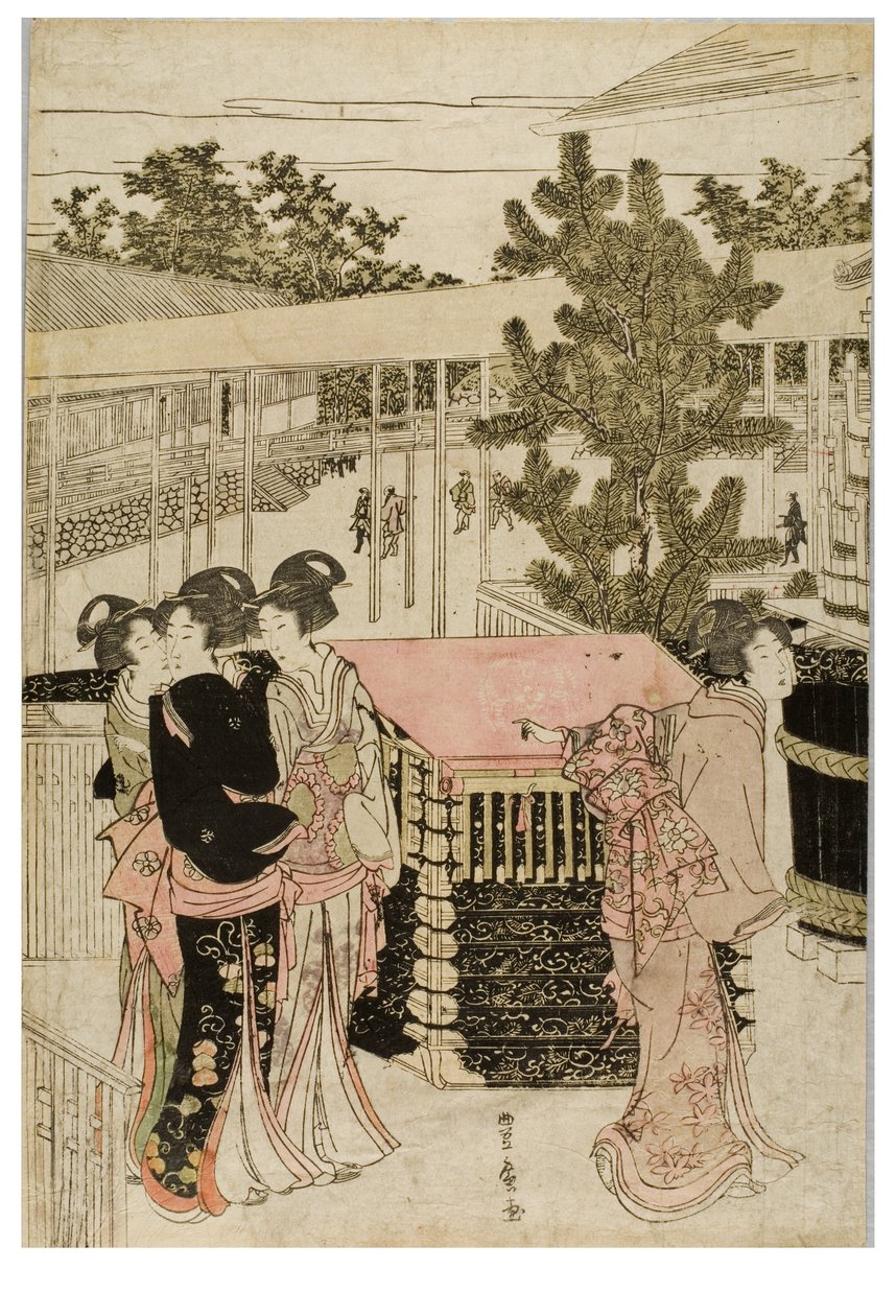 Uudenvuoden pyhiinvaellus Myohojiin Horinouchissa, Edossa, n. 1804-1810 (puupalikka paperilla) tekijältä Utagawa and Toyokuni Utagawa Toyohiro