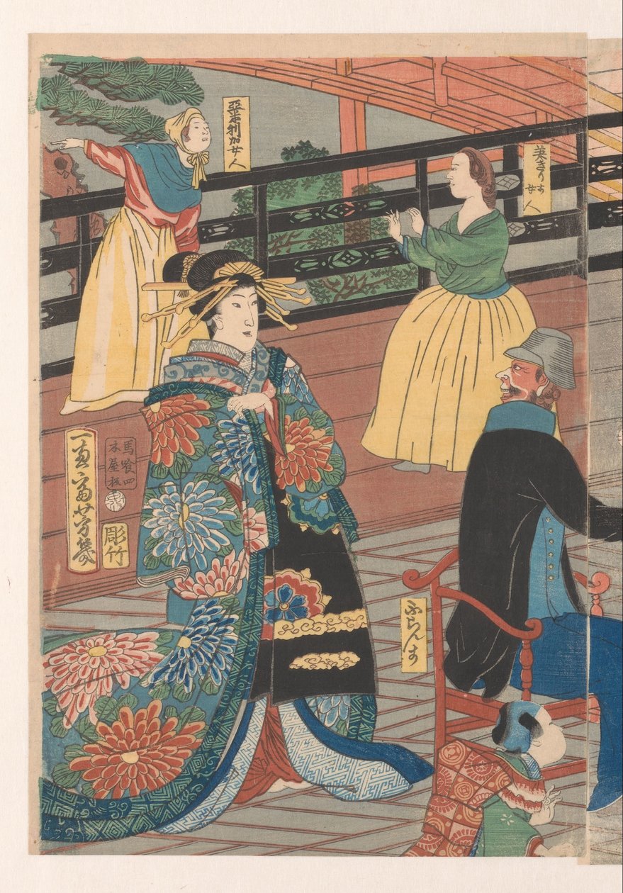 Ulkomaalaiset juopottelun aikana Gankiron teehuoneessa tekijältä Utagawa Yoshiiku