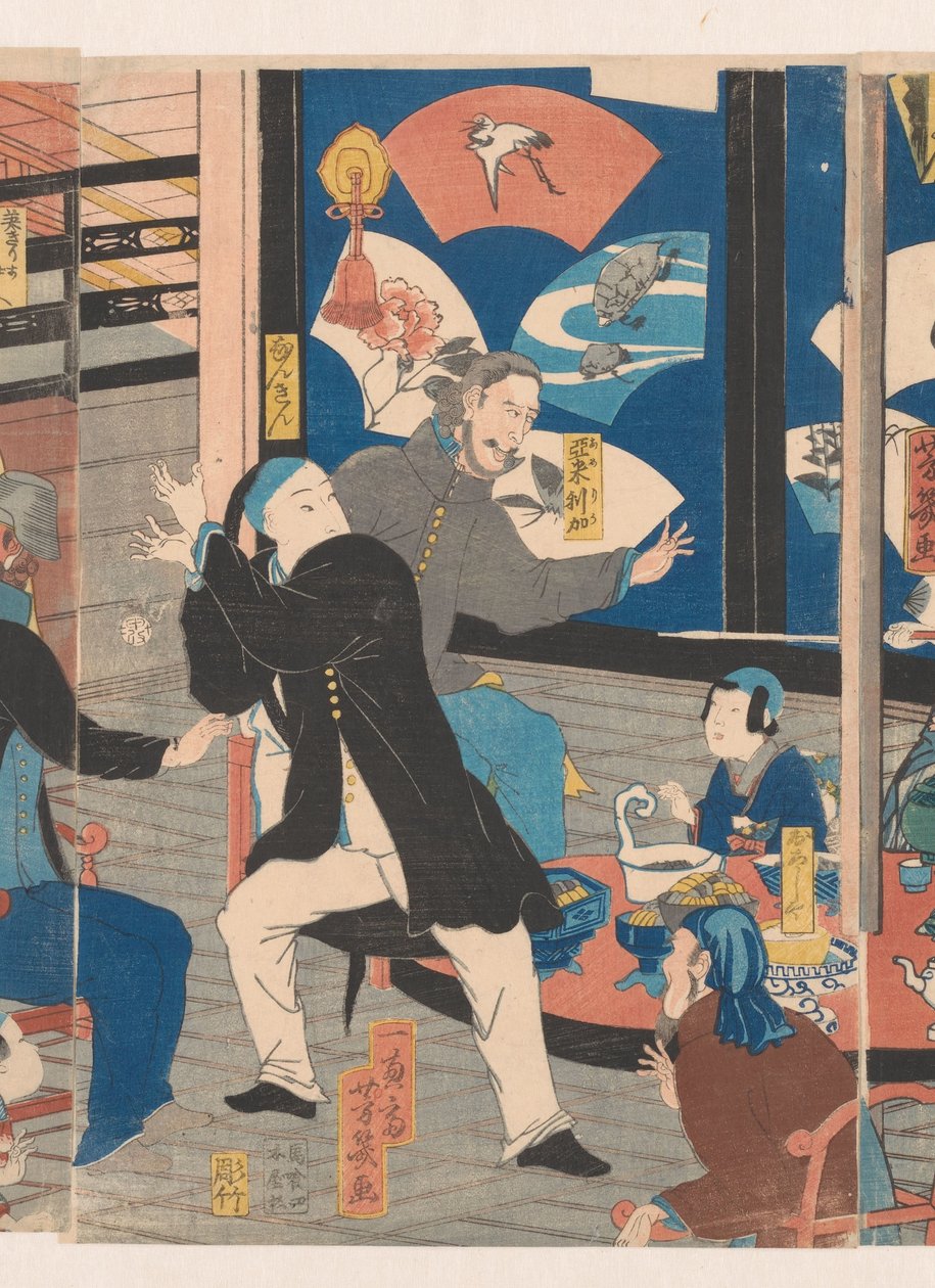Ulkomaalaiset juopottelun aikana Gankiron teehuoneessa tekijältä Utagawa Yoshiiku