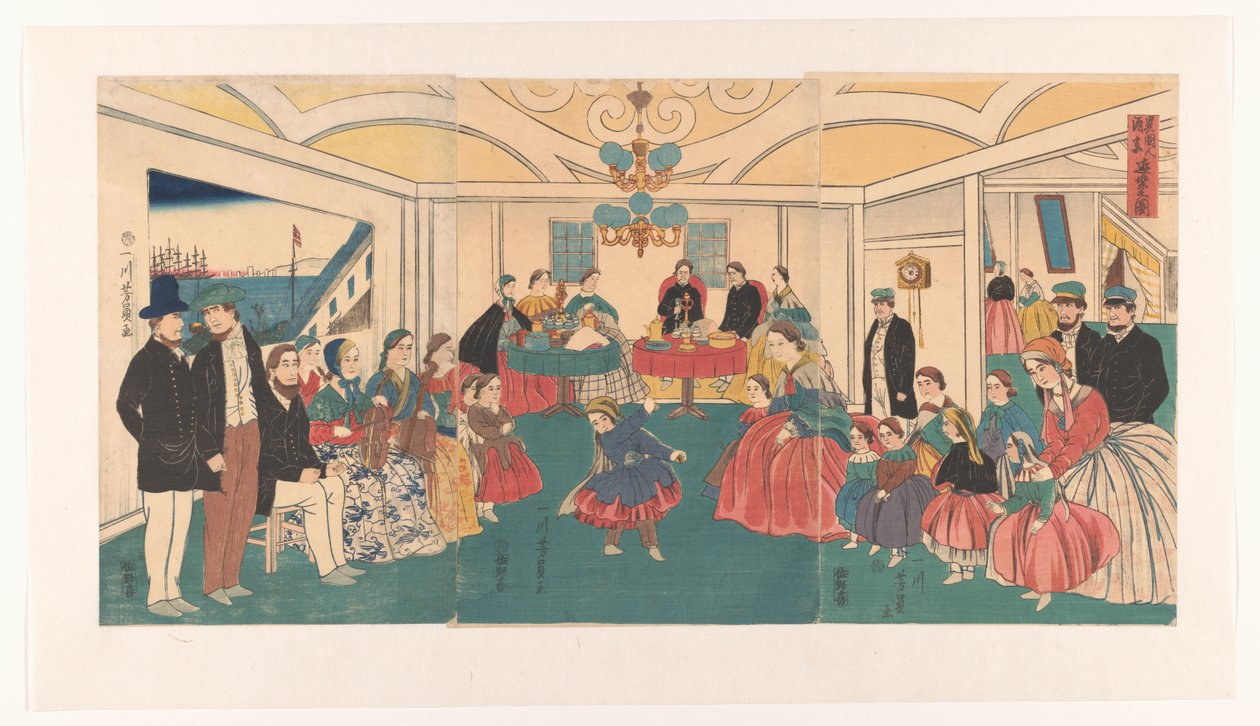 Ulkomaalaiset pitävät hauskaa juhlissa Ikokujin shuen yuraku no zu (otsikko esineessä) tekijältä Utagawa Yoshikazu