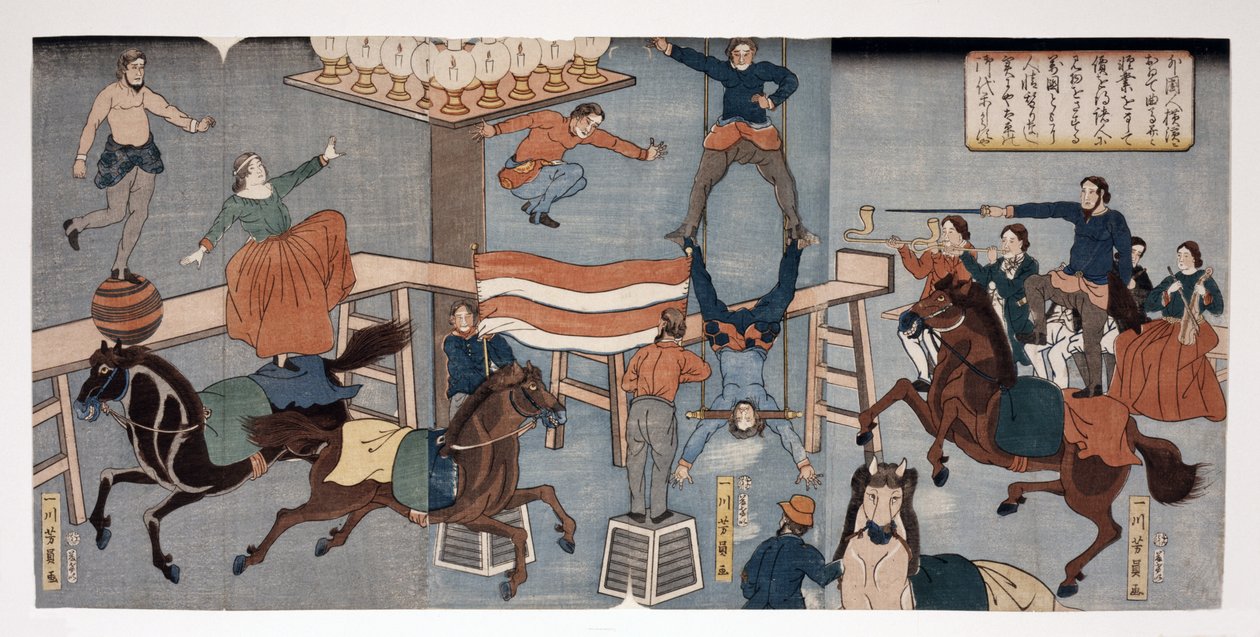 Ulkomaalainen sirkus Yokohamassa, pub. (1864 (käsin väritetty puupiirros). tekijältä Utagawa Yoshikazu