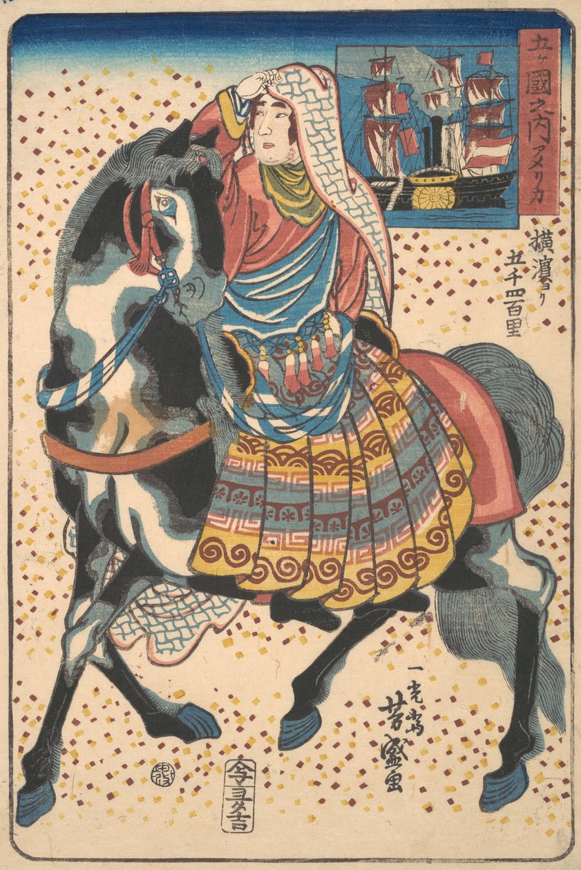 Ratsutettu amerikkalainen nainen, 12. kuukausi, 1860. tekijältä Utagawa Yoshimori