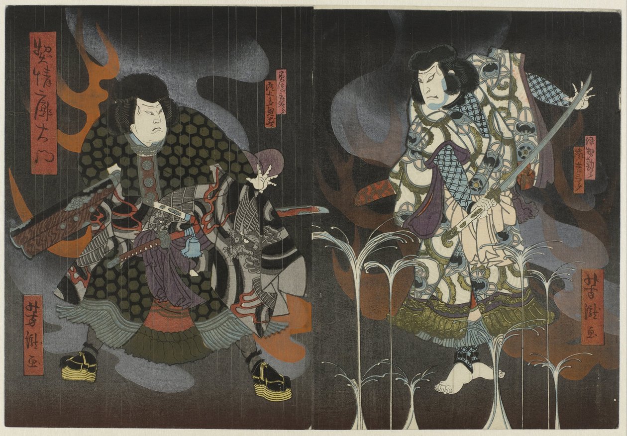 Kaksi näyttelijää liekkien ja savun välissä tekijältä Utagawa Yoshitaki