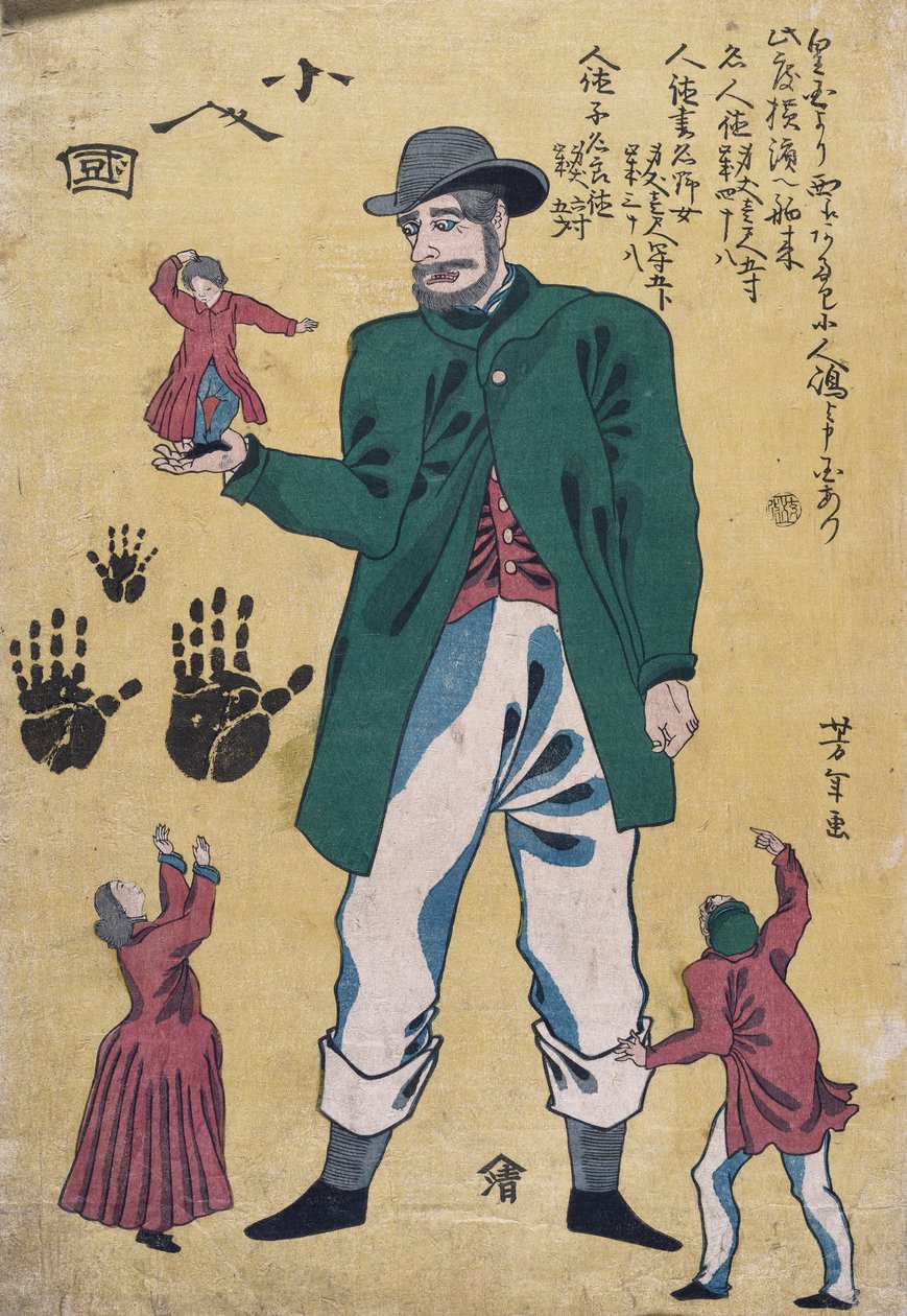 Jättiläinen kääpiöillä (värillinen puupalikkaprintti) tekijältä Utagawa Yoshitora