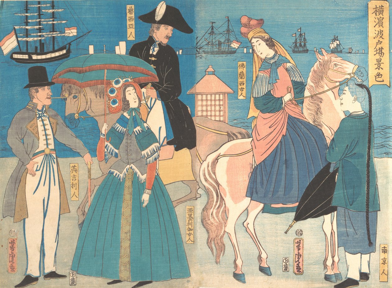 Näkymä Yokohaman laitureille, 2. kuukausi, 1861. tekijältä Utagawa Yoshitora