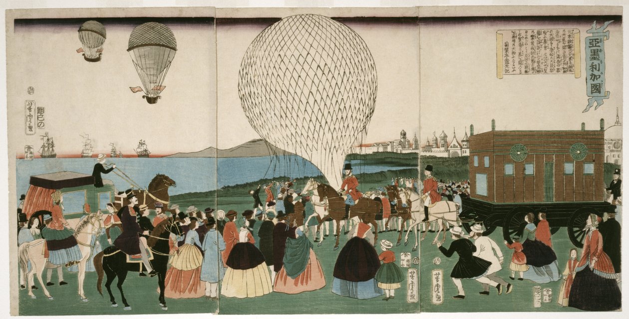 Ilmapallolento Amerikassa, pubi. 1865 (käsinvärinen puupiirros) tekijältä Utagawa Yoshitora