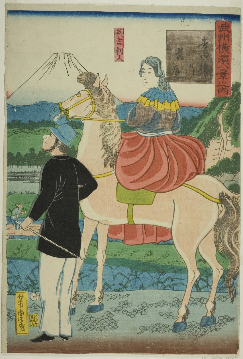 Englanti katsomassa laskeutuvia hanhia Yoshida-sillalla (Yoshida-bashi no rakugan, Igirisujin) sarjasta "Kahdeksan näkymää Yokohamasta Musashinon maakunnassa (Bushu Yokohama hakkei no uchi)" tekijältä Utagawa Yoshitora