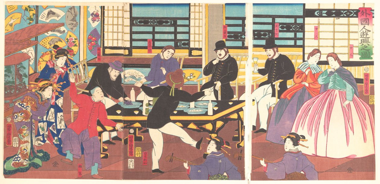 Ulkomaalaiset nauttivat juhlista, 1. kuukausi, 1861. tekijältä Utagawa Yoshitora