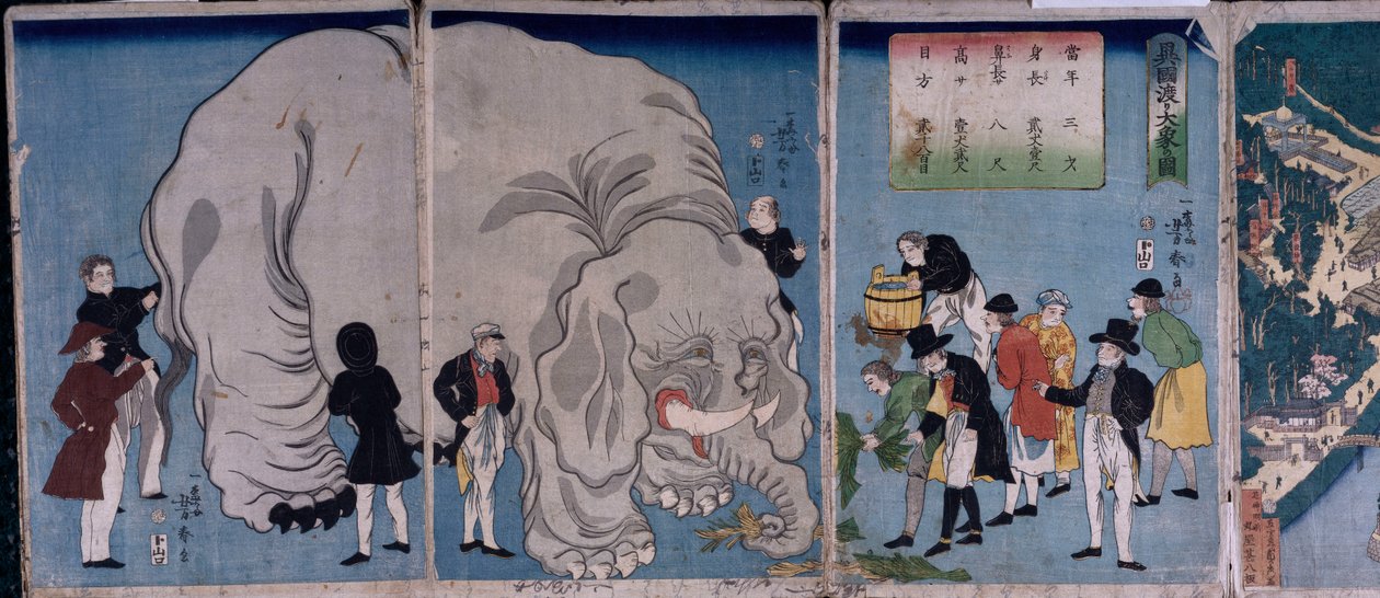 Ulkomaalaiset elefantin kanssa (värillinen puupalikkaprintti) tekijältä Utagawa Yoshitora
