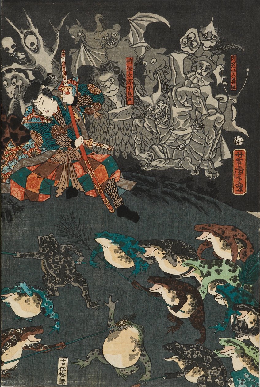 Nikushi the Frog Spirit loihtii taianomaisen sammakkotaistelun Tateyamassa Etchun maakunnassa, 1864 tekijältä Utagawa Yoshitora