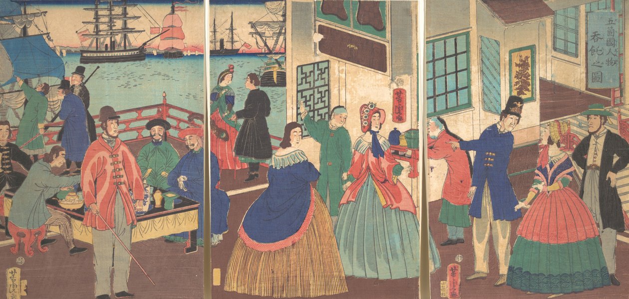 Näkymä viiden maan ihmisten syömisestä ja juomisesta, 1861, 12. kuukausi. tekijältä Utagawa Yoshitora