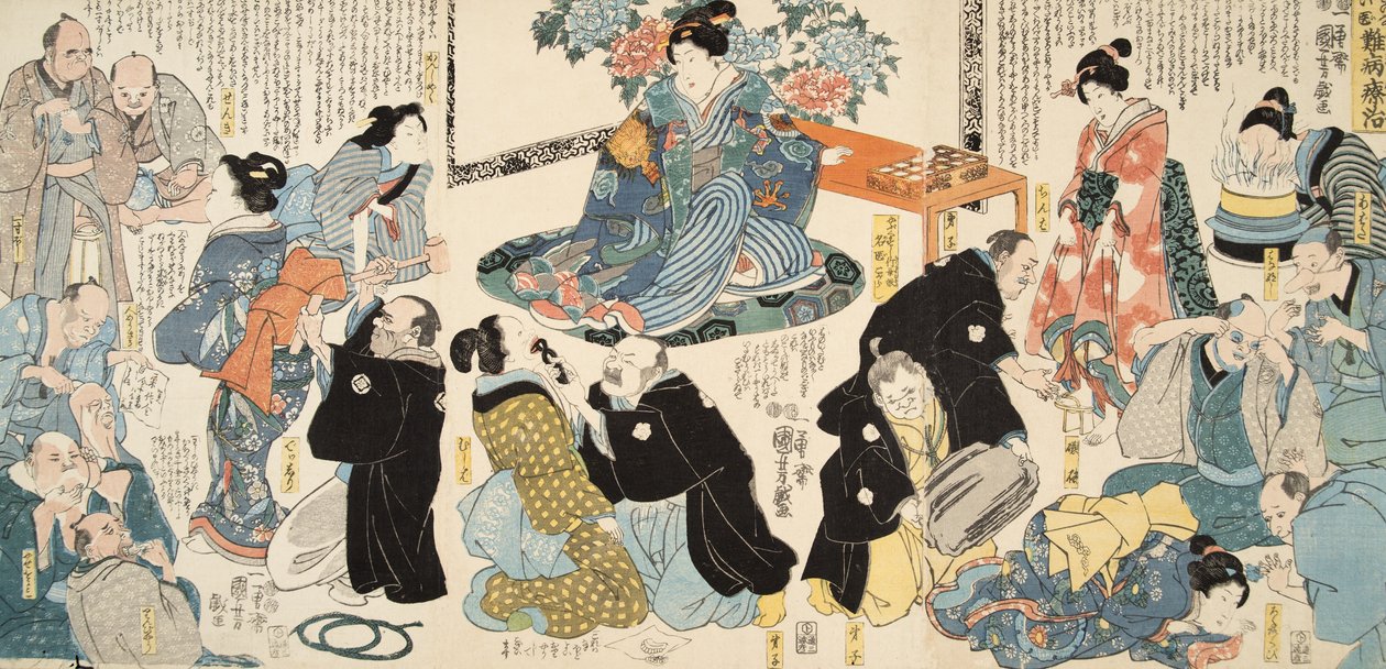 Kohtaus Murasaki Shibukun (s. 978) elokuvasta Genji monogatari (Tale of Genji) c. 1860 (värillinen puupainatus) tekijältä Utagawa and Toyokuni Kuniyoshi