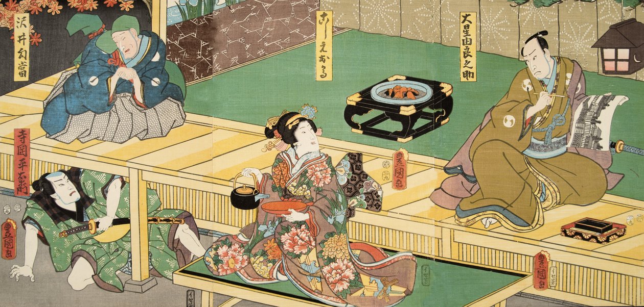 Kohtaus Murasaki Shibukun (s. 978) elokuvasta Genji monogatari (Tale of Genji) c. 1860 (värillinen puupainatus) tekijältä Utagawa and Toyokuni Kuniyoshi