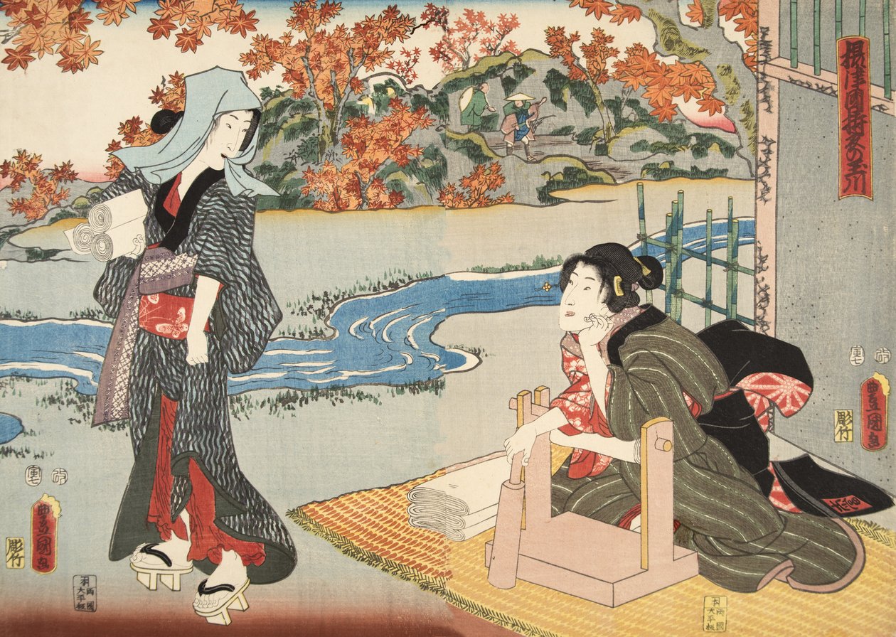 Kohtaus Murasaki Shibukun (s. 978) elokuvasta Genji monogatari (Tale of Genji) c. 1860 (värillinen puupainatus) tekijältä Utagawa and Toyokuni Kuniyoshi
