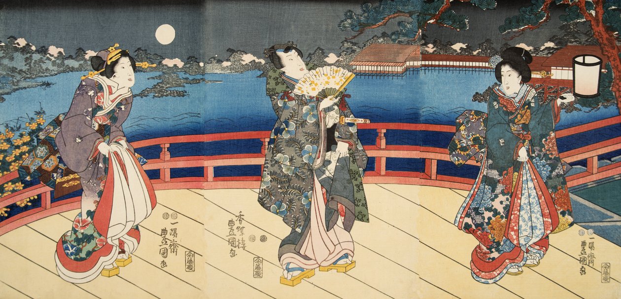 Kohtaus Murasaki Shibukun (s. 978) elokuvasta Genji monogatari (Tale of Genji) c. 1860 (värillinen puupainatus) tekijältä Utagawa and Toyokuni Kuniyoshi