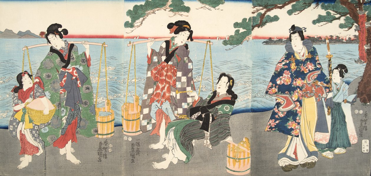 Kohtaus Murasaki Shibukun (s. 978) teoksesta Genji monogatari (Genjin tarina), noin 1860 (värillinen puupiirros). tekijältä Utagawa and Toyokuni Kuniyoshi