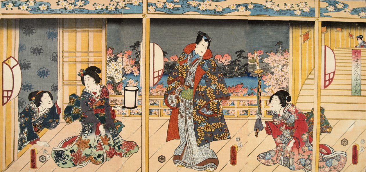 Kohtaus Murasaki Shibukun (s. 978) elokuvasta Genji monogatari (Tale of Genji) c. 1860 (värillinen puupainatus) tekijältä Utagawa and Toyokuni Kuniyoshi