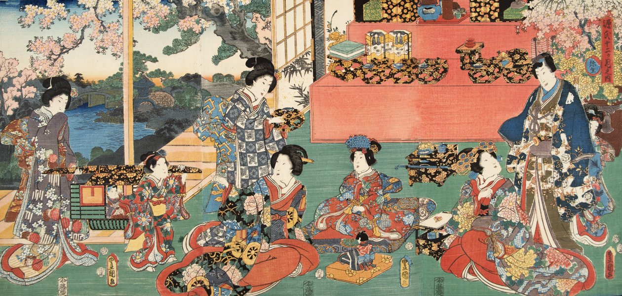 Kohtaus Murasaki Shibukun (s. 978) elokuvasta Genji monogatari (Tale of Genji) c. 1860 (värillinen puupainatus) tekijältä Utagawa and Toyokuni Kuniyoshi