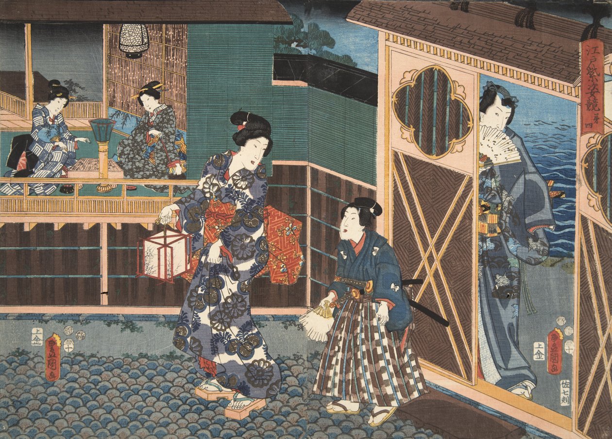 Kohtaus Murasaki Shibukun (s. 978) elokuvasta Genji monogatari (Tale of Genji) c. 1860 (värillinen puupainatus) tekijältä Utagawa and Toyokuni Kuniyoshi