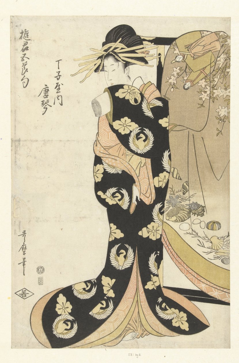 Kurtesaani Karagoto Chojiyan talosta Chojiya uchi Karagoto (otsikko esineessä) Courtesans and the Five Festivals (sarjan nimi) Yukun gosekku (sarjan nimi esineellä) tekijältä Utamaro (II) , Kitagawa (attributed to)