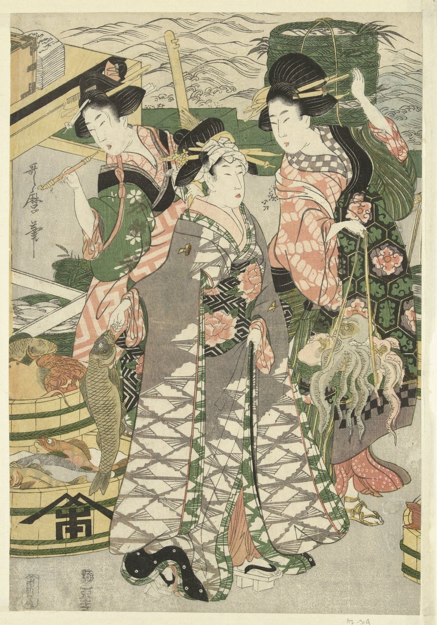 Näkymä kalamarkkinoille Shiban rannalla [Shiba] no ura uoichi no zu tekijältä Utamaro (II) , Kitagawa