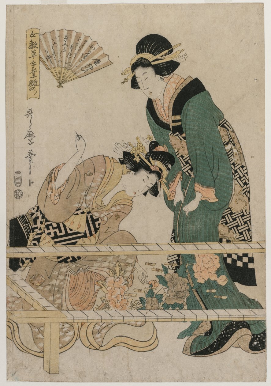 Kiinalainen kirjonta sarjasta Opettelevia kuvioita naisten käsityölle, 1808. tekijältä Utamaro II
