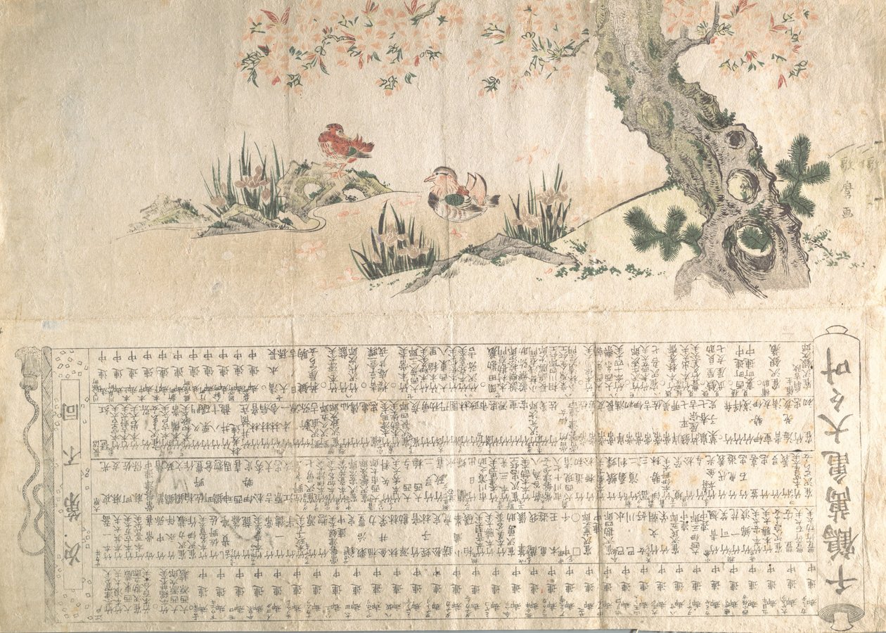 Mandarin Ducks kevätmaisemassa: Ohjelma Jururui-esitykseen, n. 1807.. tekijältä Utamaro II