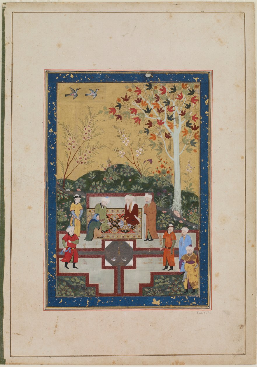 Vanha nainen ja kaksi miestä, n. 1520-30 (muste, läpinäkymätön akvarelli ja kulta paperille) tekijältä Uzbek School