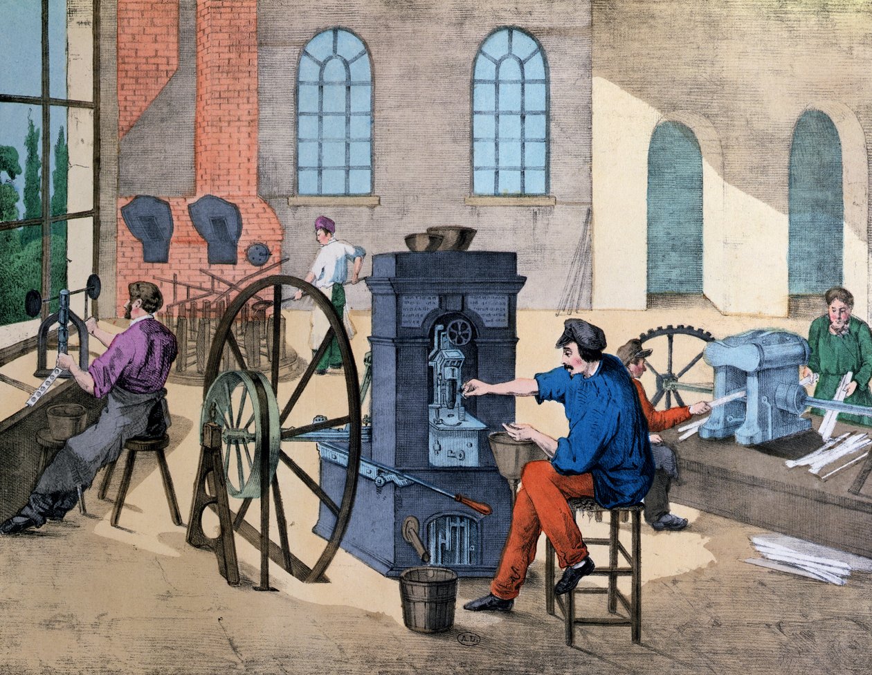 Työntekijä lakkoilee rahaa Monnaie de Parisissa, levy 9 teollisuudenaloja ja työpaikkoja koskevasta opetuskirjasta, julkaistu n. 1860 tekijältä V. Janson