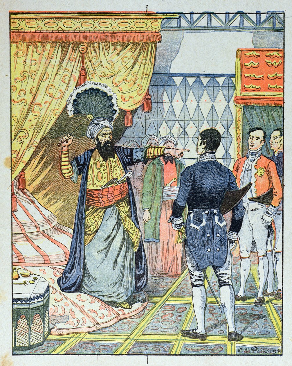 Algerian Dey, Hussein ibn El Hussein iskee Ranskan suurlähettiläs M. Devalia tuulettimella, 27. huhtikuuta 1827, koulun oppikirjan kansi, 1891 tekijältä Victor Armand Poirson