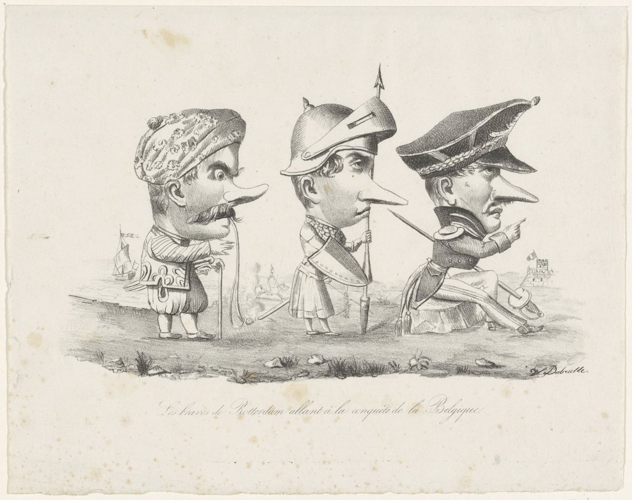 Sarjakuva Rotterdamin miliisistä, 1830 Les braves de Rotterdam allant à la conquête de la Belgique (otsikko esineessä) tekijältä V. Dubrulle
