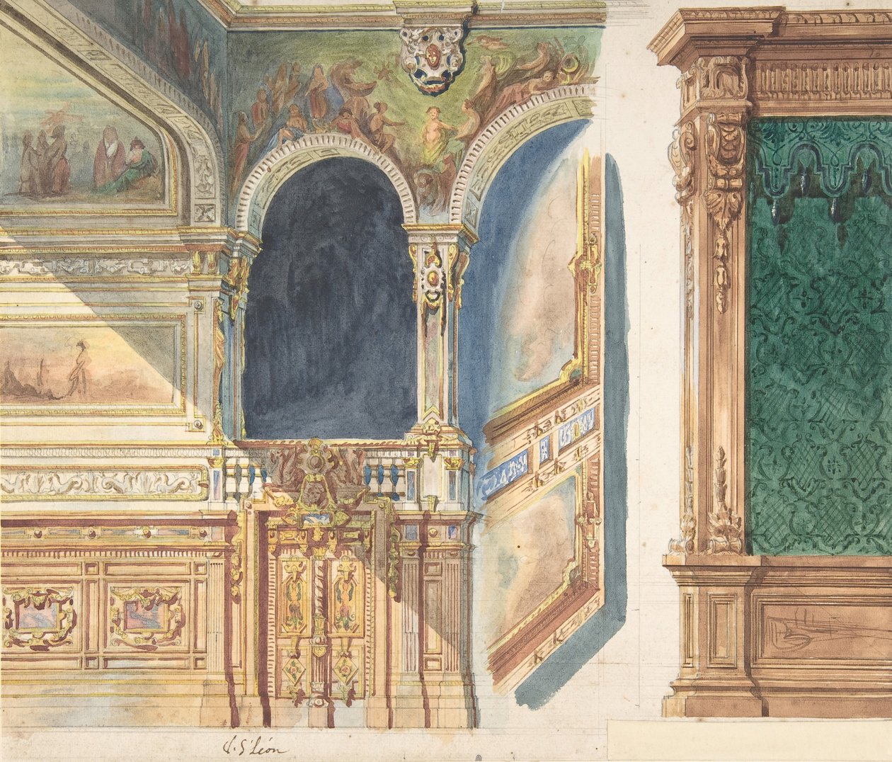 Suunnittelu sisustukseen, mahdollisesti teatteriin, n. 1860-80. tekijältä V. S. Léon