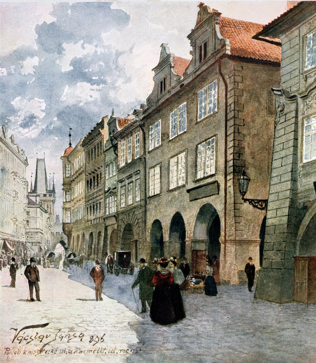 Ulice k Mostu, Mala Strana, Praha, kuvitus "Vanhasta Prahasta", 1896 tekijältä Vaclav Jansa