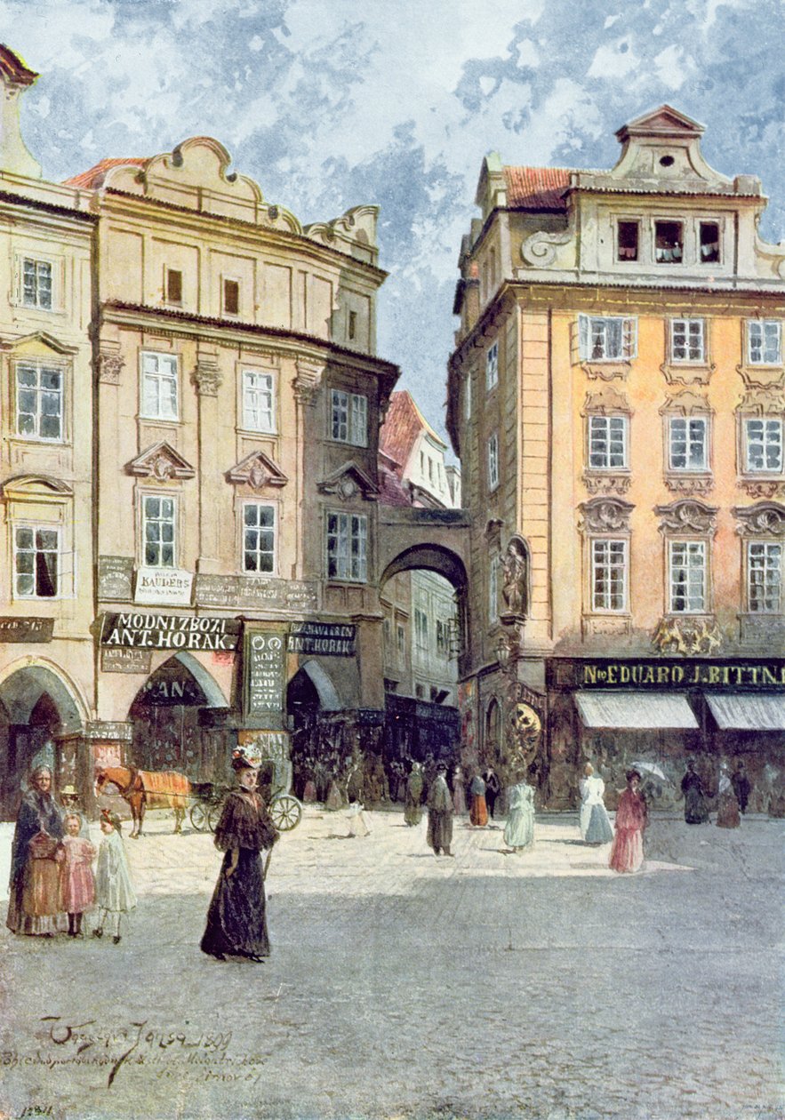 Näkymä Staromestsky Rynkistä, "Stara Prahasta" (Vanha Praha) n. 1900 tekijältä Vaclav Jansa