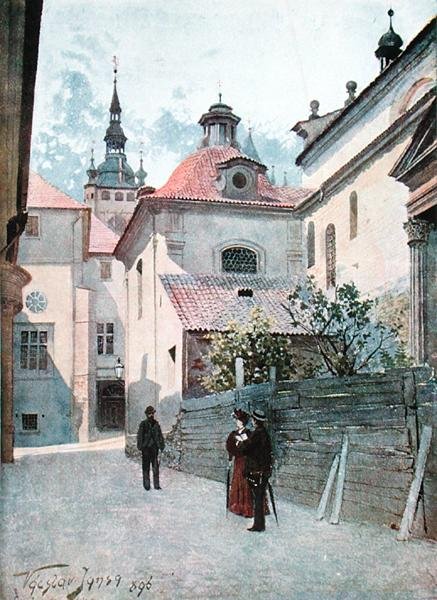 Jirska Ulice, Praha, kuvitus "Stara Prahasta (Vanha Praha)", n. 1900 (litho) tekijältä Vaclav Jansa
