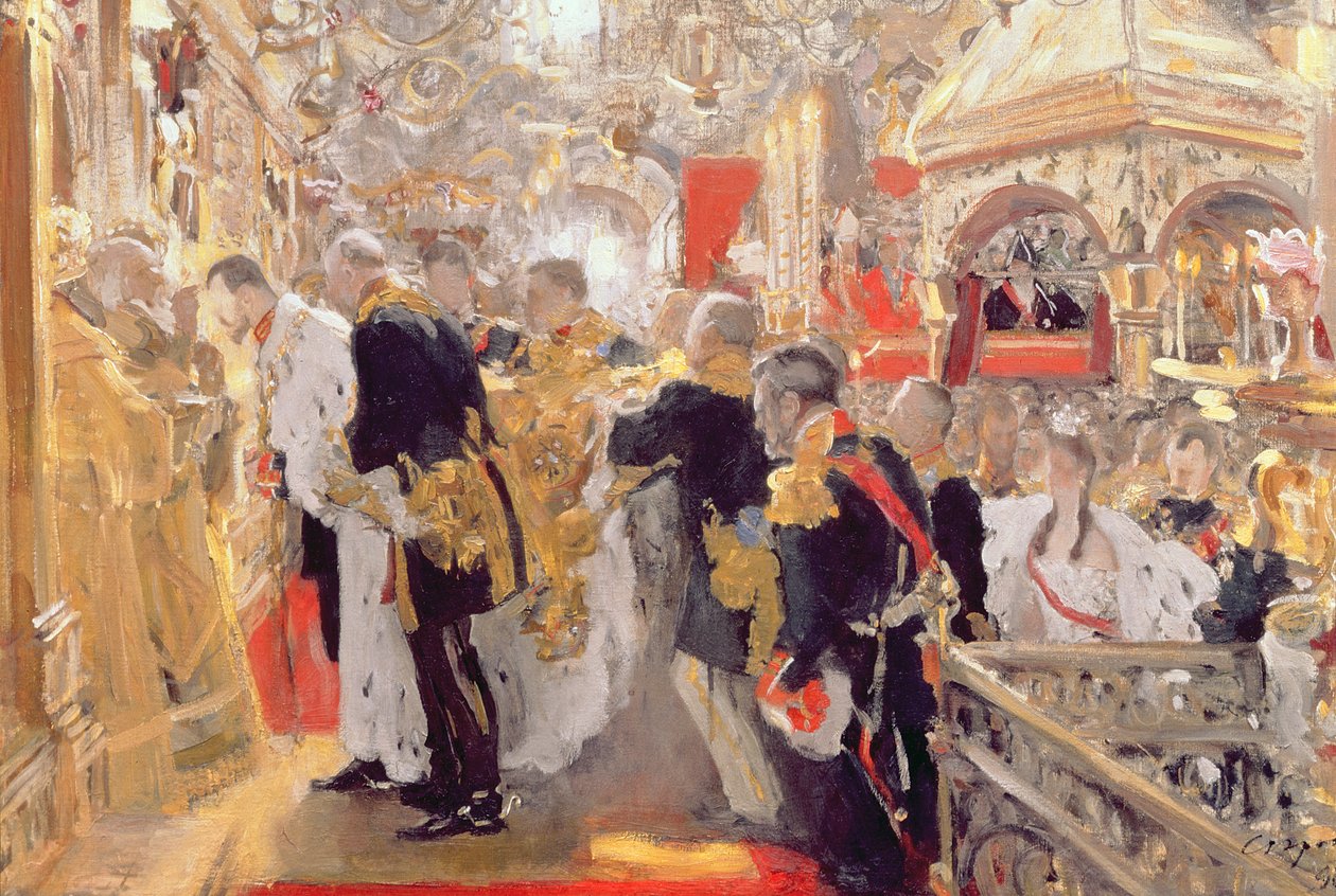 Keisari Nikolai II:n (1868-1918) kruunaus Neitsyt taivaaseenastumisen katedraalissa, 1896 tekijältä Valentin Aleksandrovich Serov