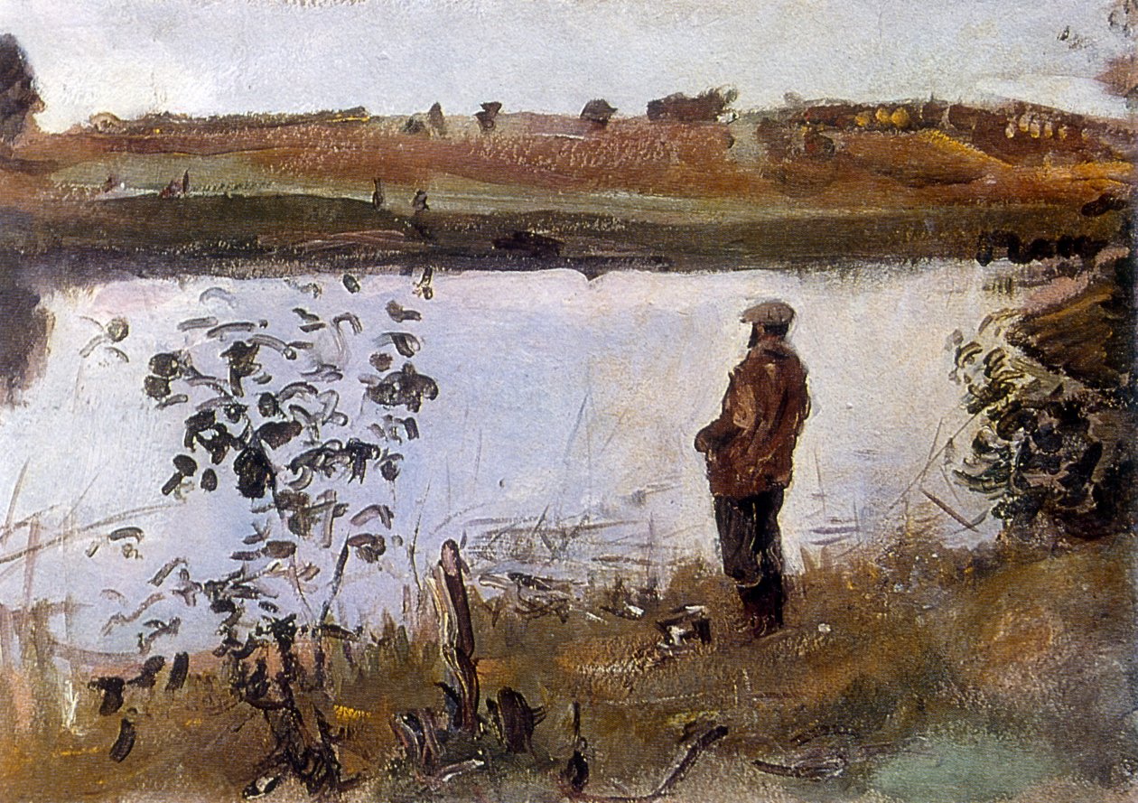 Taiteilija Konstantin Korovin joen rannalla tekijältä Valentin Aleksandrovich Serov