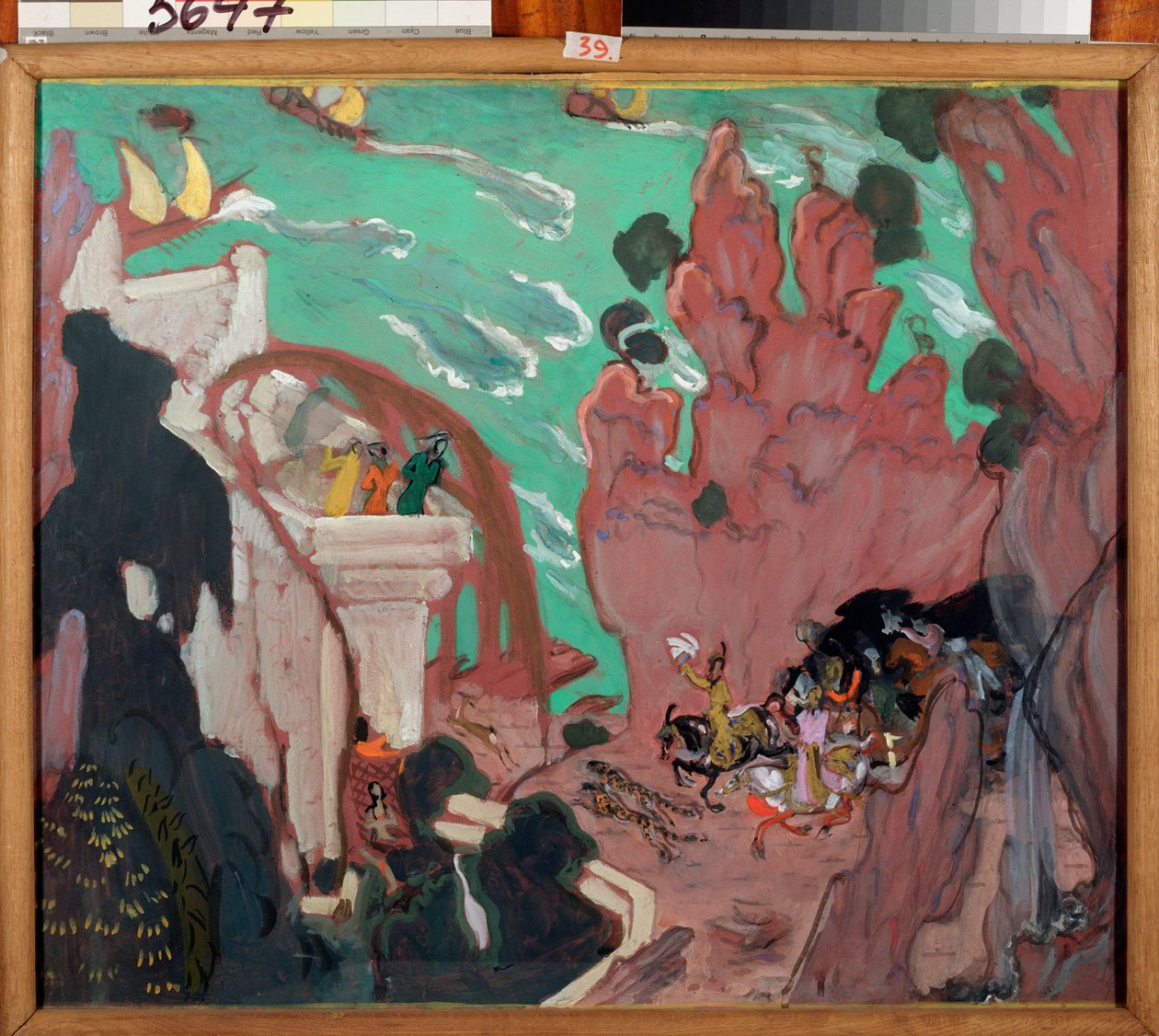 Verhosetti Nikolai (Nikolai) Rimski Korsakovin (Rimski-Korsakov) (1844-1908) balettiin "Sheherazade" (Scheherazade). Valentin Aleksandrovich Serovin (1865-1911) työ, tempera sur -pahvi tekijältä Valentin Aleksandrovich Serov